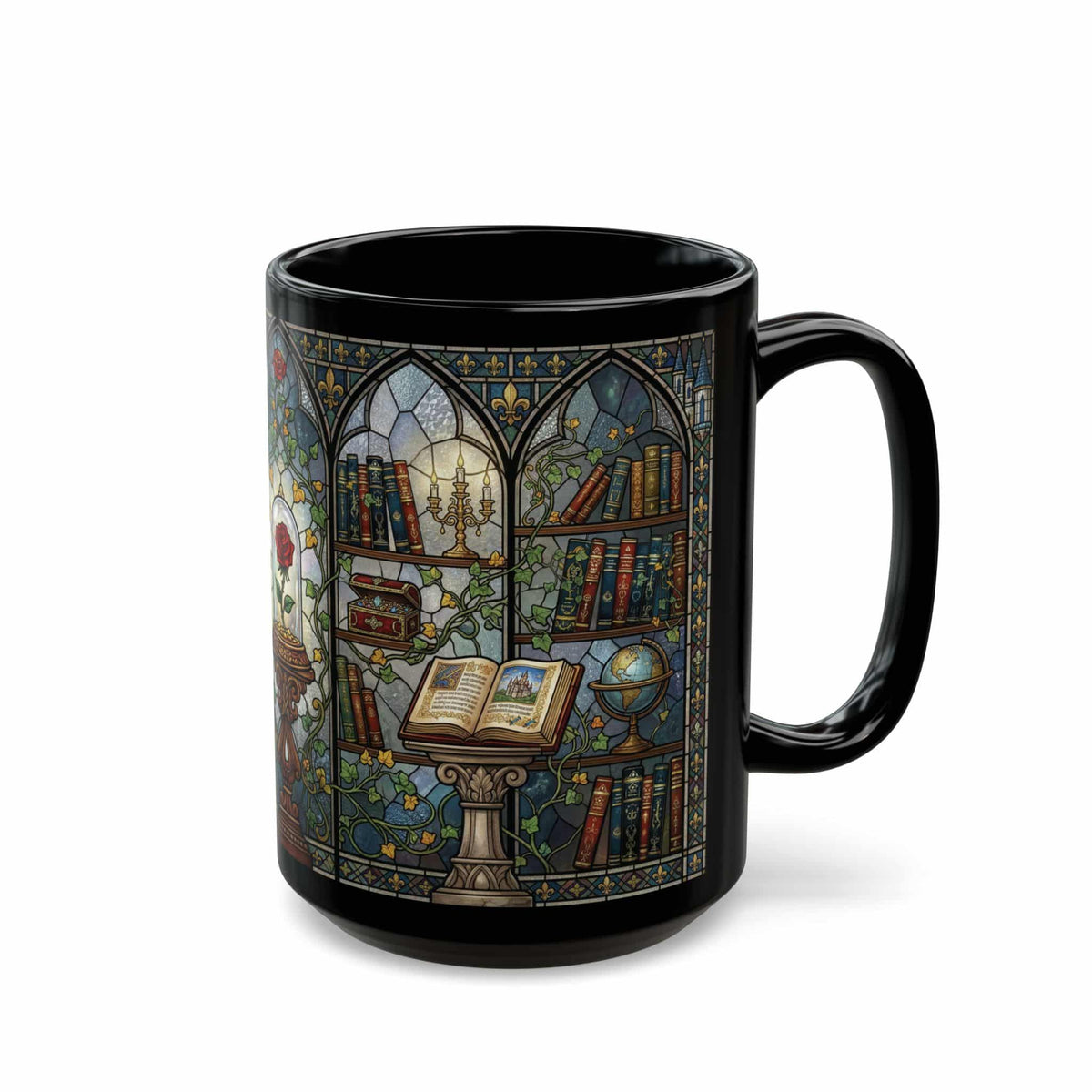 Enchanted Rose Stained Glass Mug Black, 15oz - Moods and Merch