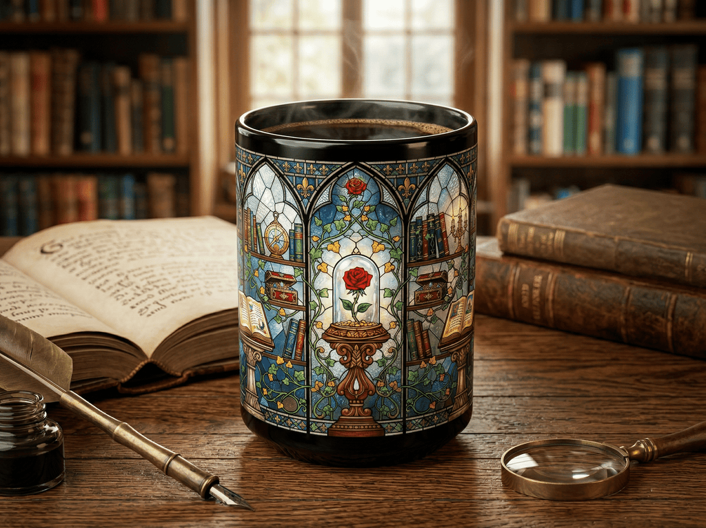 Enchanted Rose Stained Glass Mug Black, 15oz - Moods and Merch