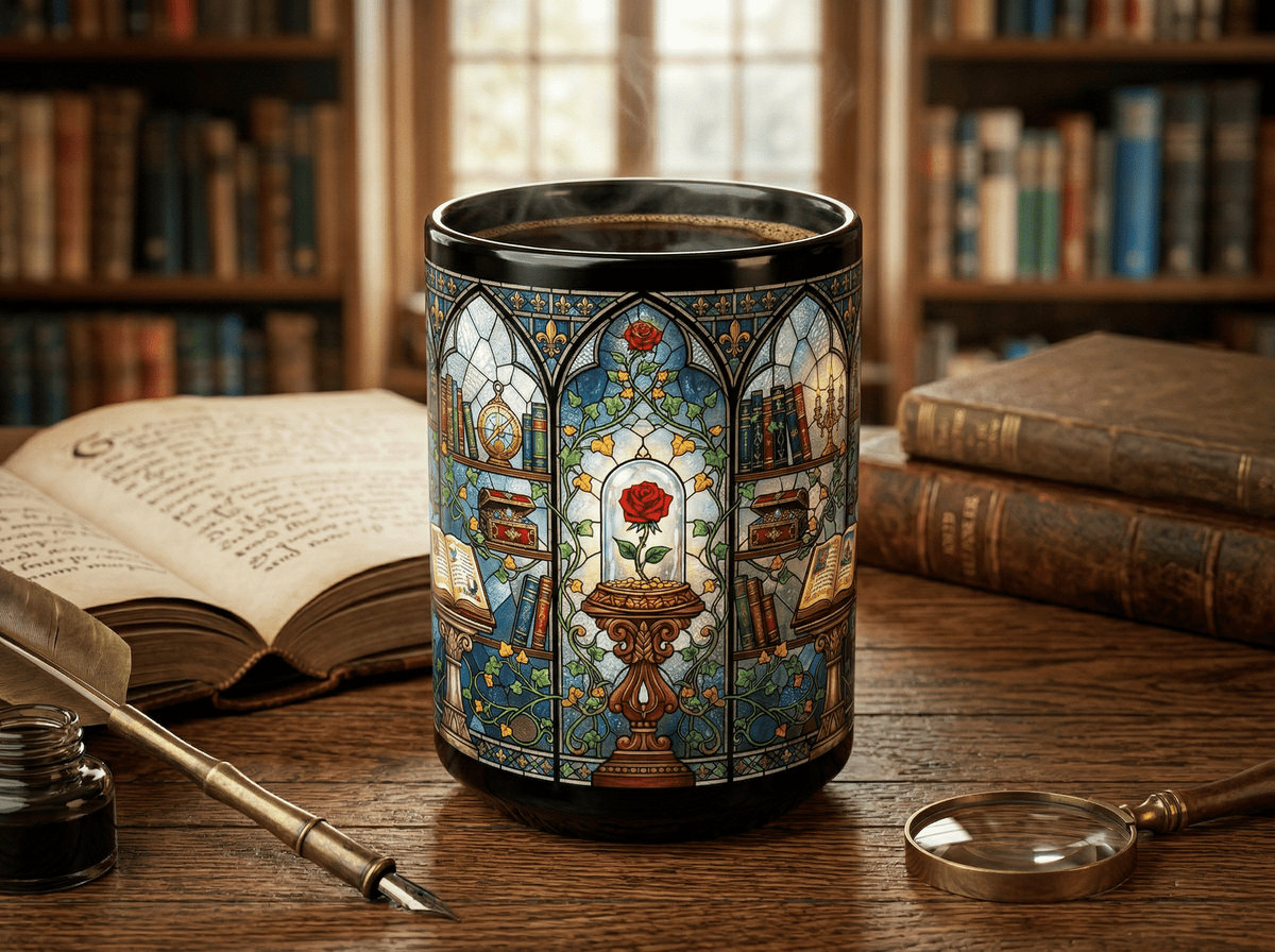 Enchanted Rose Stained Glass Mug Black, 15oz - Moods and Merch