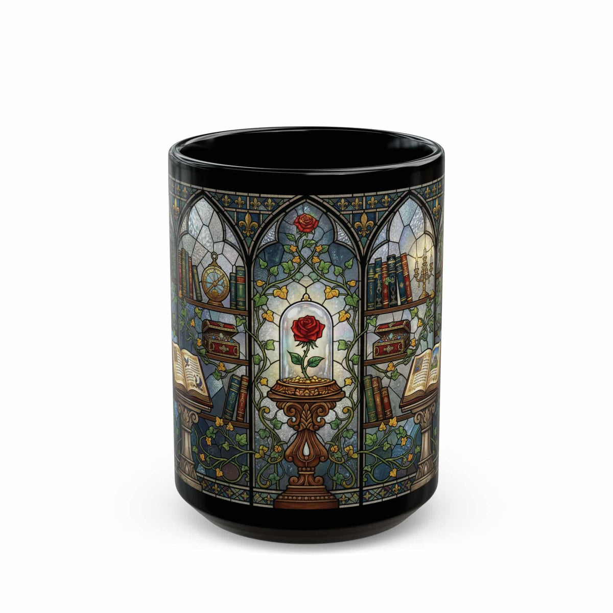 Enchanted Rose Stained Glass Mug Black, 15oz - Moods and Merch
