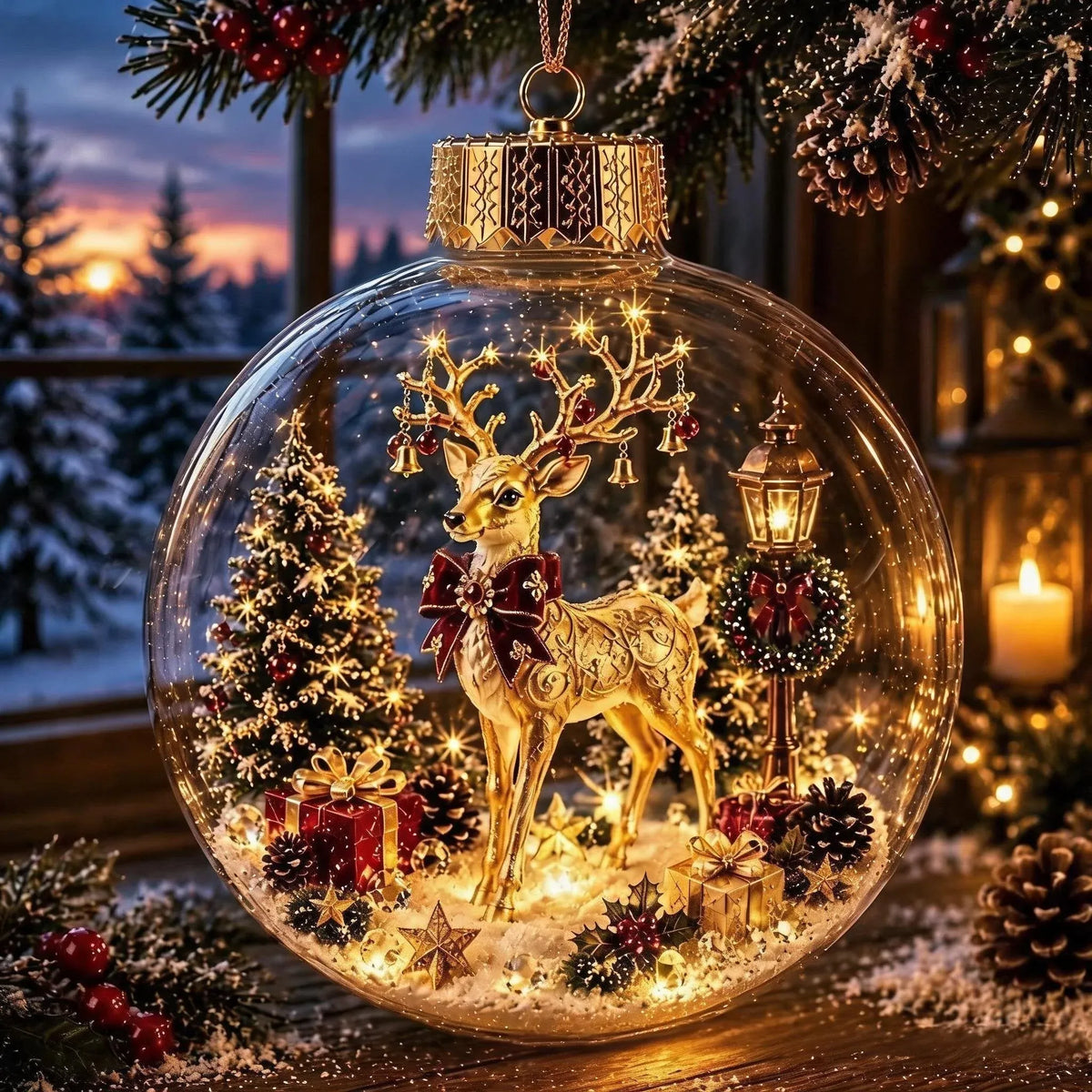 The Reindeer globe hanging from a branch with the antlers and the small snow drift lit from behind