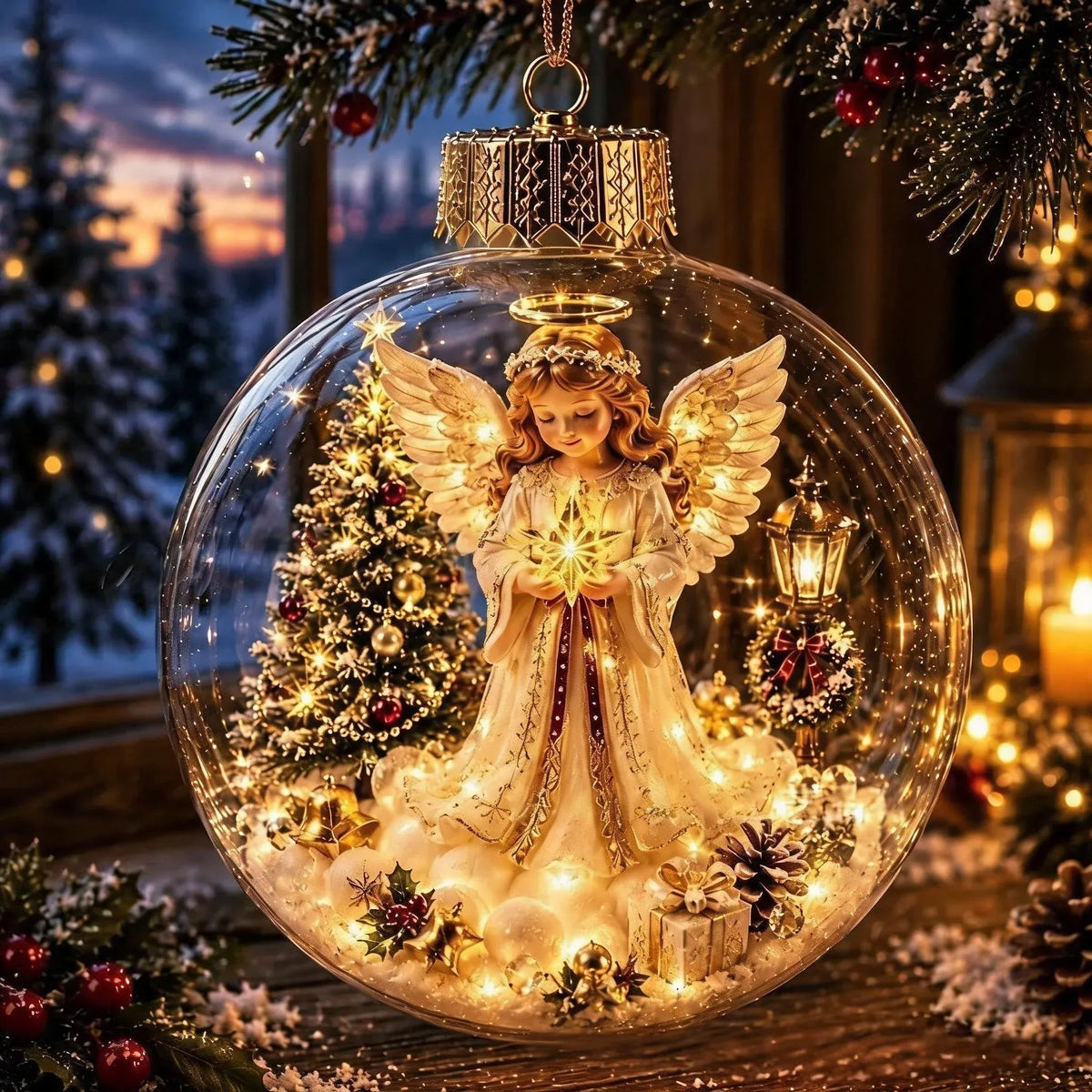 The Angel globe hanging from a branch, the figure lit from inside with the tree and gold stars visible through the clear acrylic