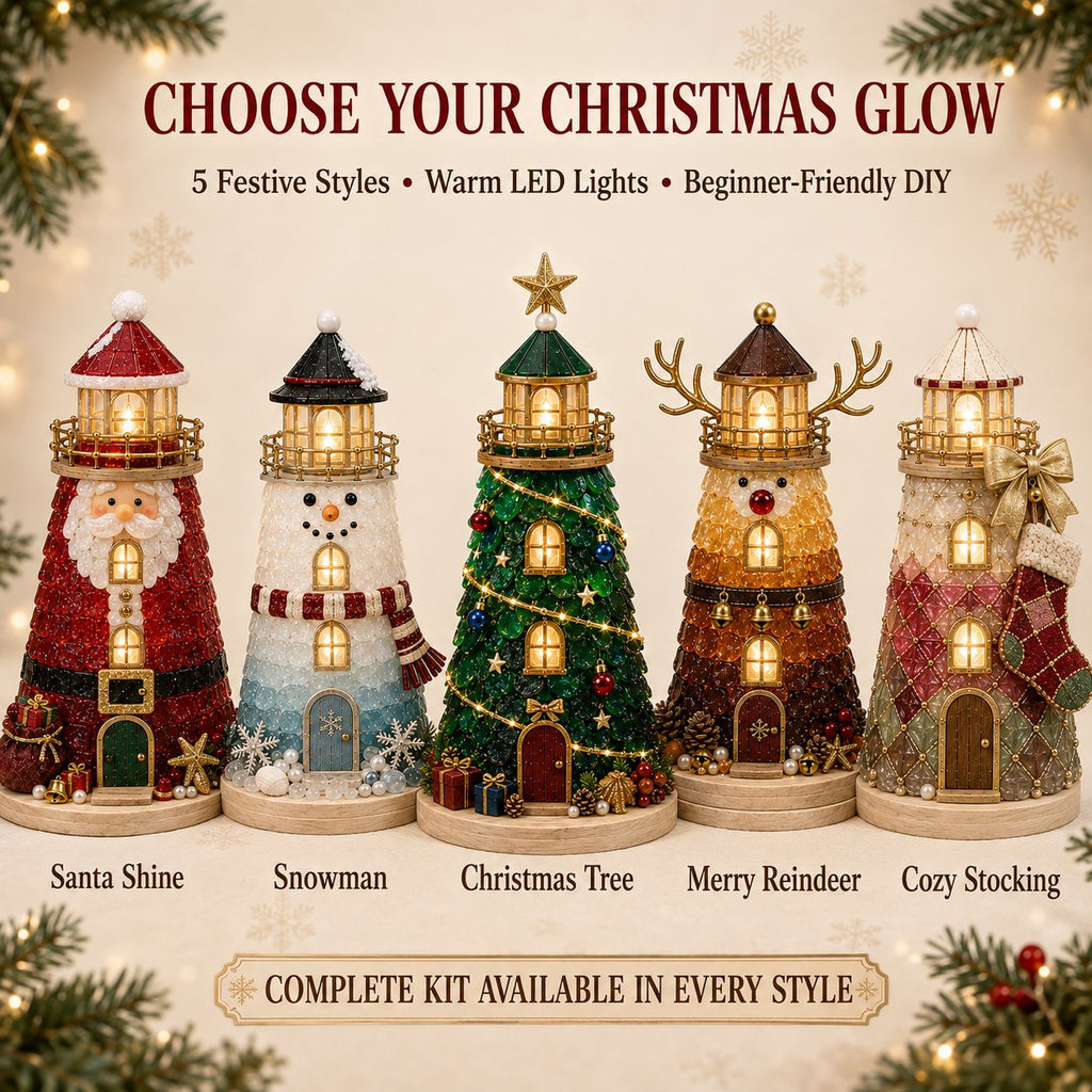 🎄Christmas Character Sea Glass-Style Lighthouse Kit Collection | Complete Kit with Sea Glass-Style Pieces, LED Lights & Step-by-Step Guide Included 💕