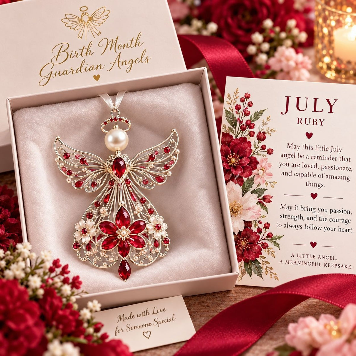 The July angel in ruby crystal resting in its open blush gift box beside the matching July card and a spray of deep red blooms