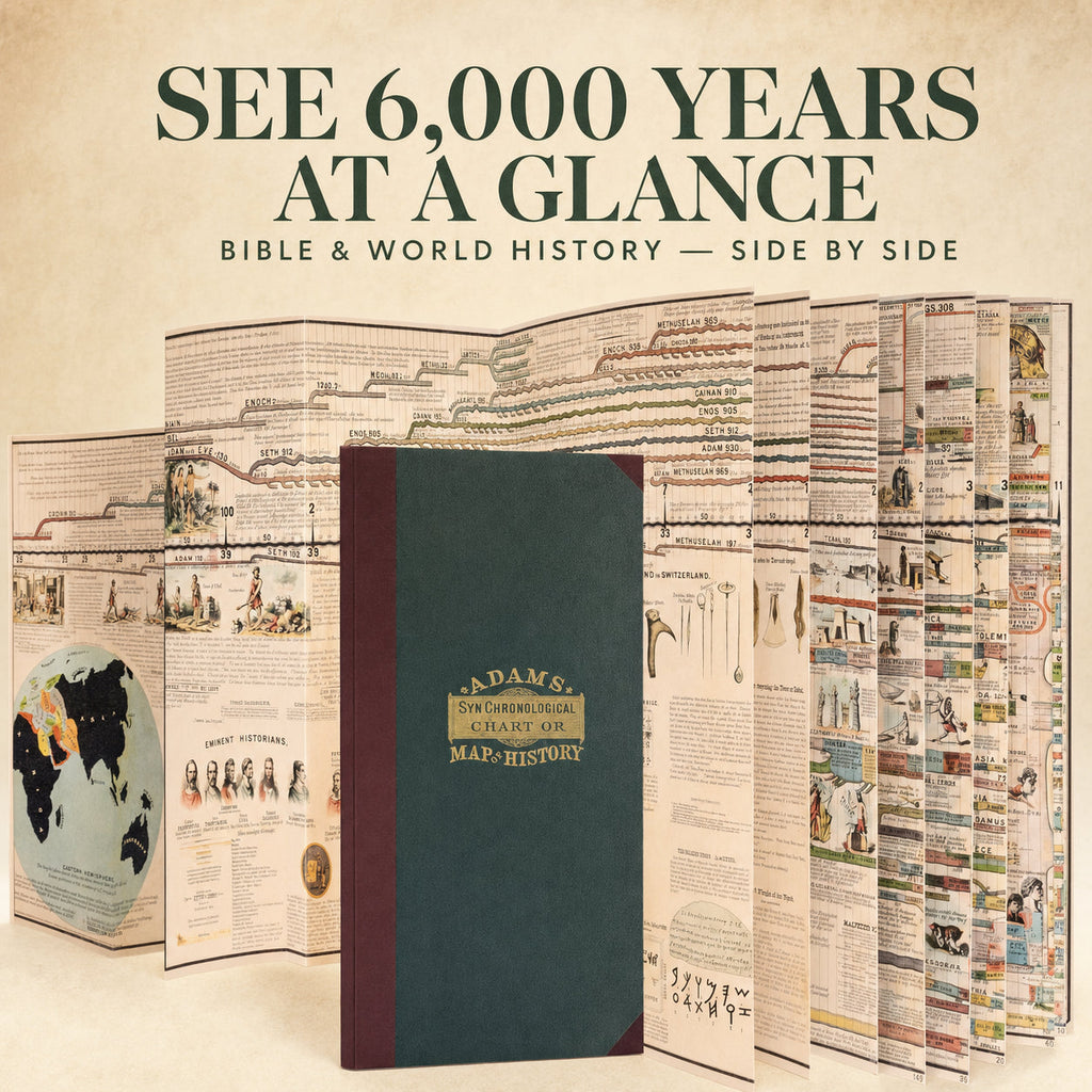 The closed hardcover standing upright on a cream surface with the chart pulled out behind it in a long accordion fold, the printed panels stepping back into the distance