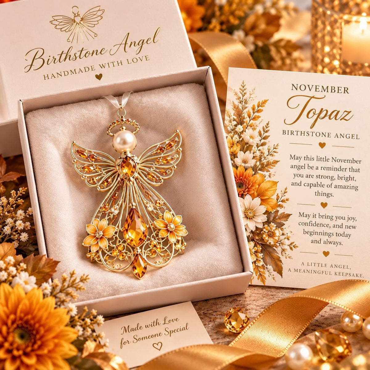 The November angel in topaz crystal resting in its open blush gift box beside the matching November card and a spray of amber chrysanthemums