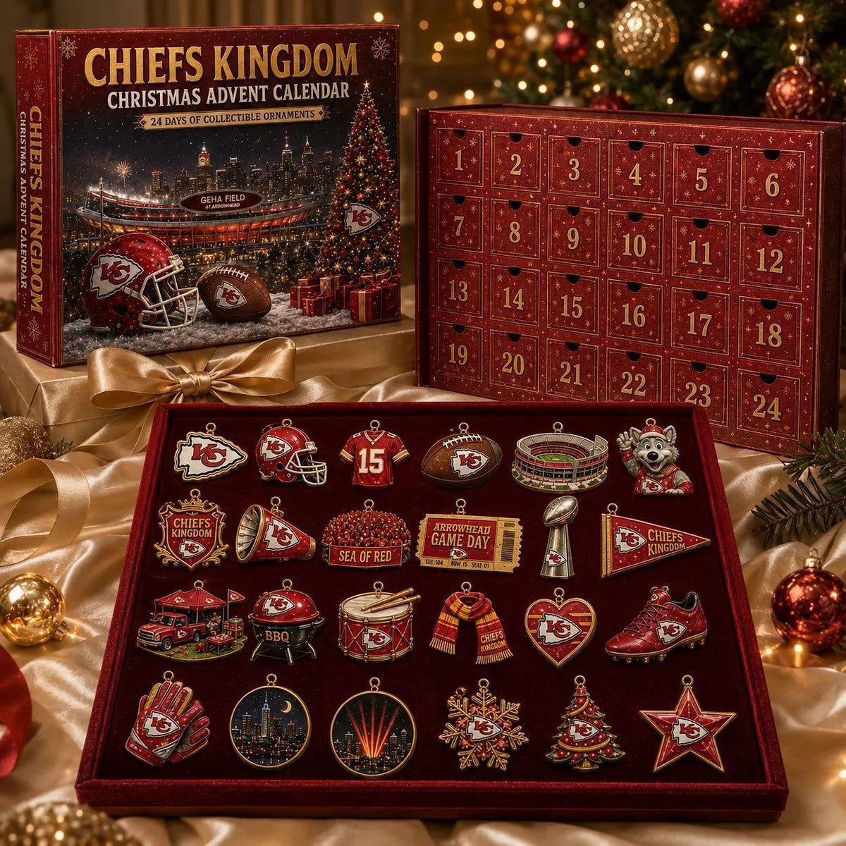 The same calendar in a deep red team design, standing open on a table with its twenty-four numbered doors picked out in gold and all twenty-four enamel ornaments laid out in the velvet tray below