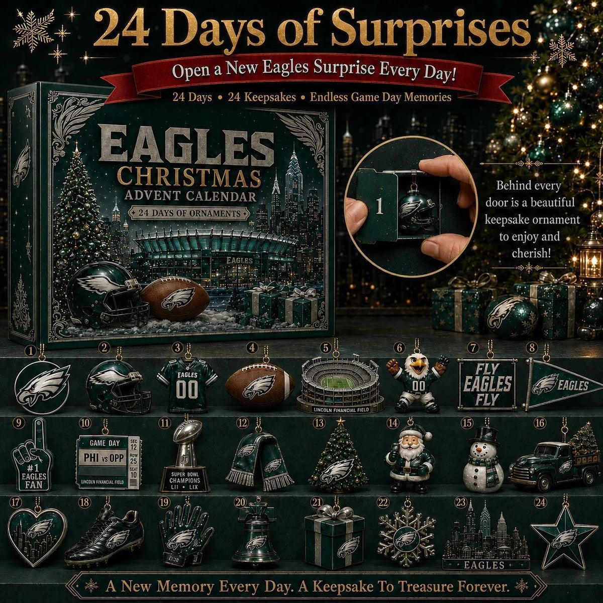 The full set on a dark green background: the closed box with a team Christmas design on the left, a hand opening door one in a circle on the right, and all twenty-four numbered ornaments lined up across the lower half