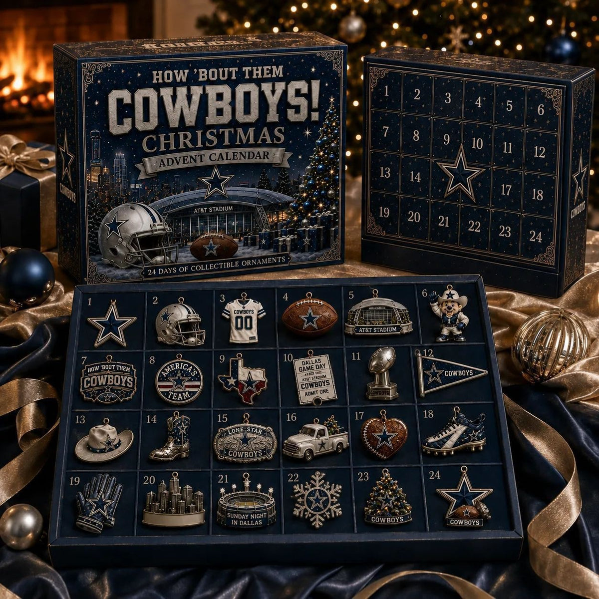 The advent calendar box open on a dark wood table: the lid carries a team Christmas design, the right half is a grid of numbered doors from 1 to 24, and the lower tray holds twenty-four enamel ornaments, with a lit tree behind it