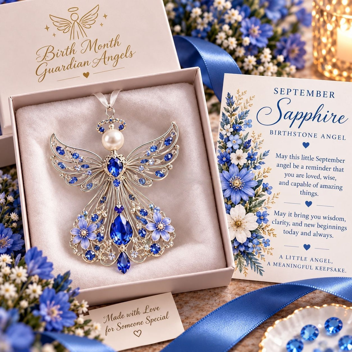 The September angel in sapphire crystal resting in its open blush gift box beside the matching September card and a spray of blue cornflowers