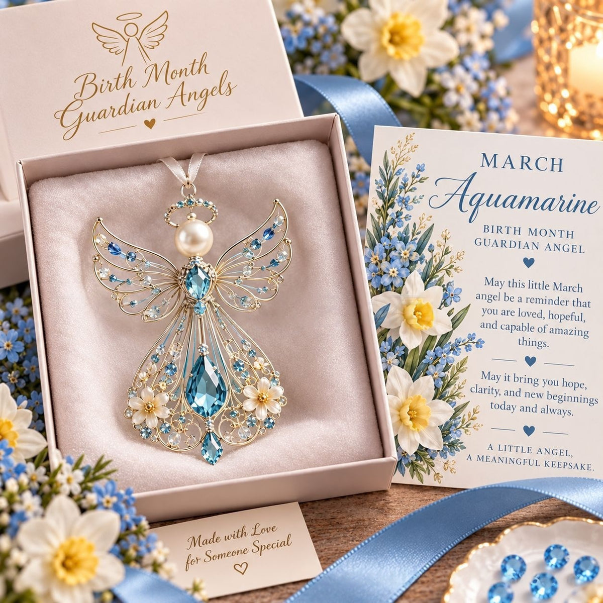 The March angel in aquamarine crystal resting in its open blush gift box beside the matching March card and a spray of blue forget-me-nots and daffodils