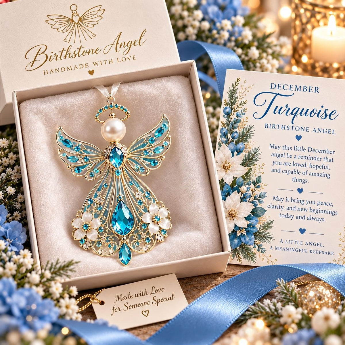 The December angel in turquoise crystal resting in its open blush gift box beside the matching December card and a spray of blue winter flowers