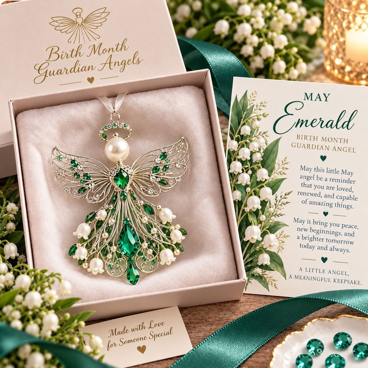 The May angel in emerald crystal resting in its open blush gift box beside the matching May card and a spray of lily of the valley