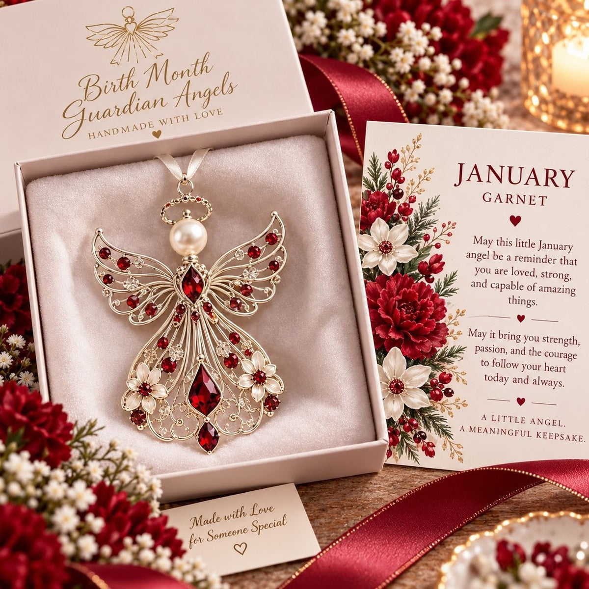 The January angel in garnet crystal resting in its open blush gift box beside the matching January card and a spray of red winter flowers