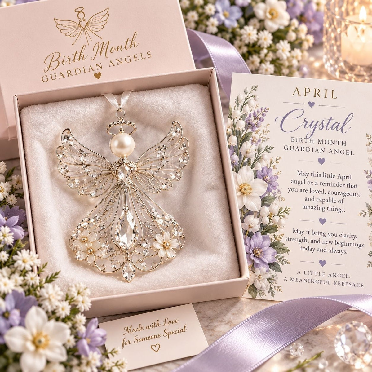 The April angel in crystal crystal resting in its open blush gift box beside the matching April card and a spray of white and lavender flowers