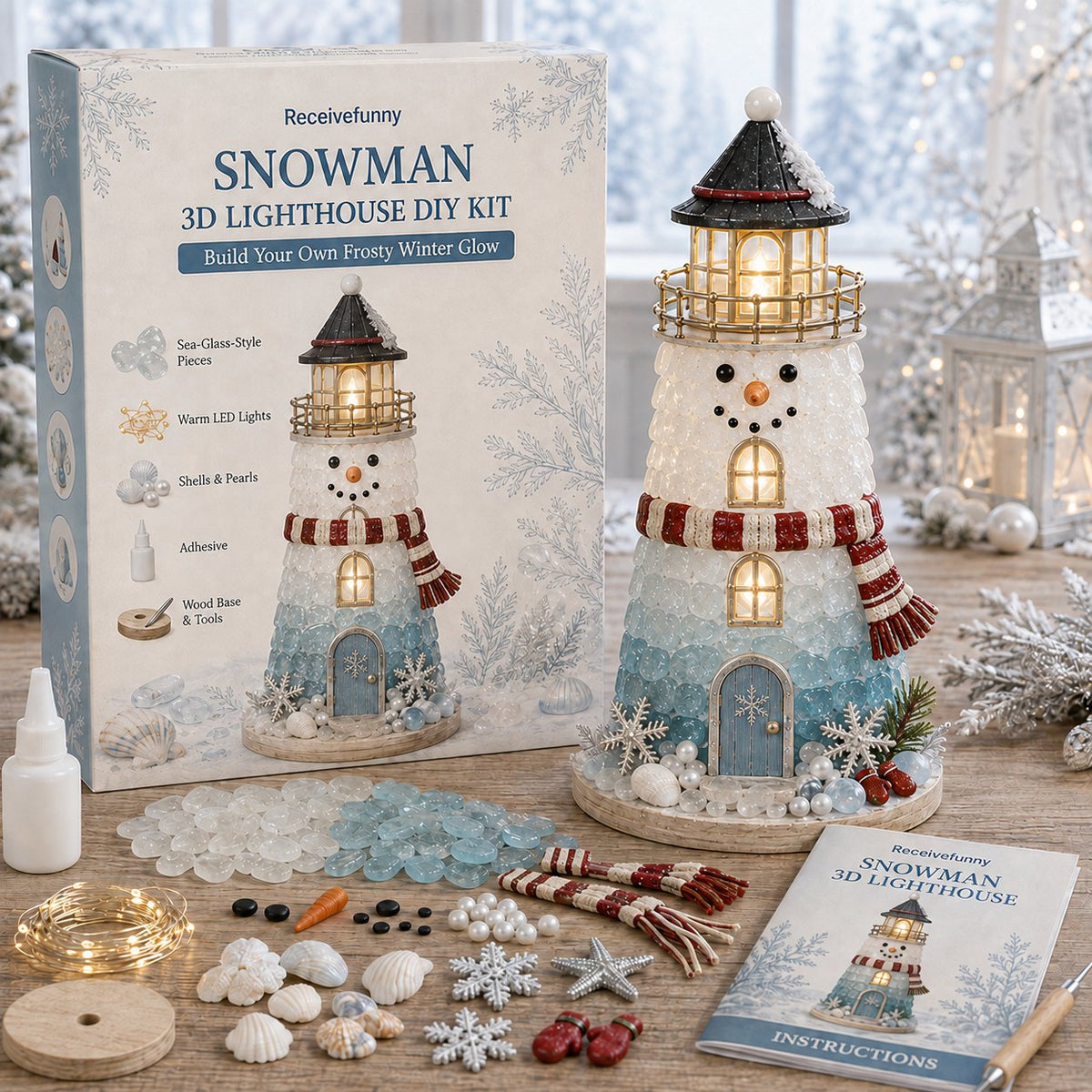 🎄Christmas Character Sea Glass-Style Lighthouse Kit Collection | Complete Kit with Sea Glass-Style Pieces, LED Lights & Step-by-Step Guide Included 💕