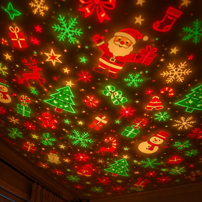 A ceiling covered in projected Christmas icons: Santa, reindeer, trees, snowflakes, stockings and parcels in red, green and gold