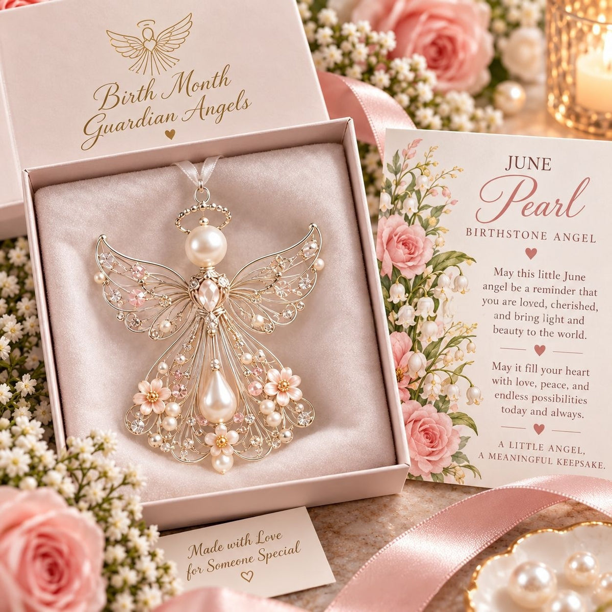 The June angel in pearl crystal resting in its open blush gift box beside the matching June card and a spray of pink roses