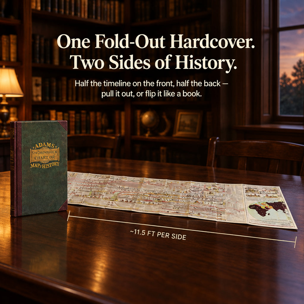 The hardcover standing on a table with the chart drawn partly out of it, one printed side lying flat and the next section still folded, showing both faces of the sheet