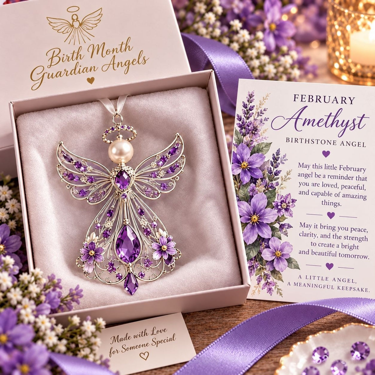 The February angel in amethyst crystal resting in its open blush gift box beside the matching February card and a spray of purple blossoms