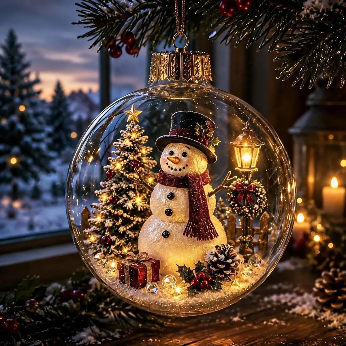The Snowman globe hanging from a branch, the scarf and carrot nose picked out by the warm LED behind the scene