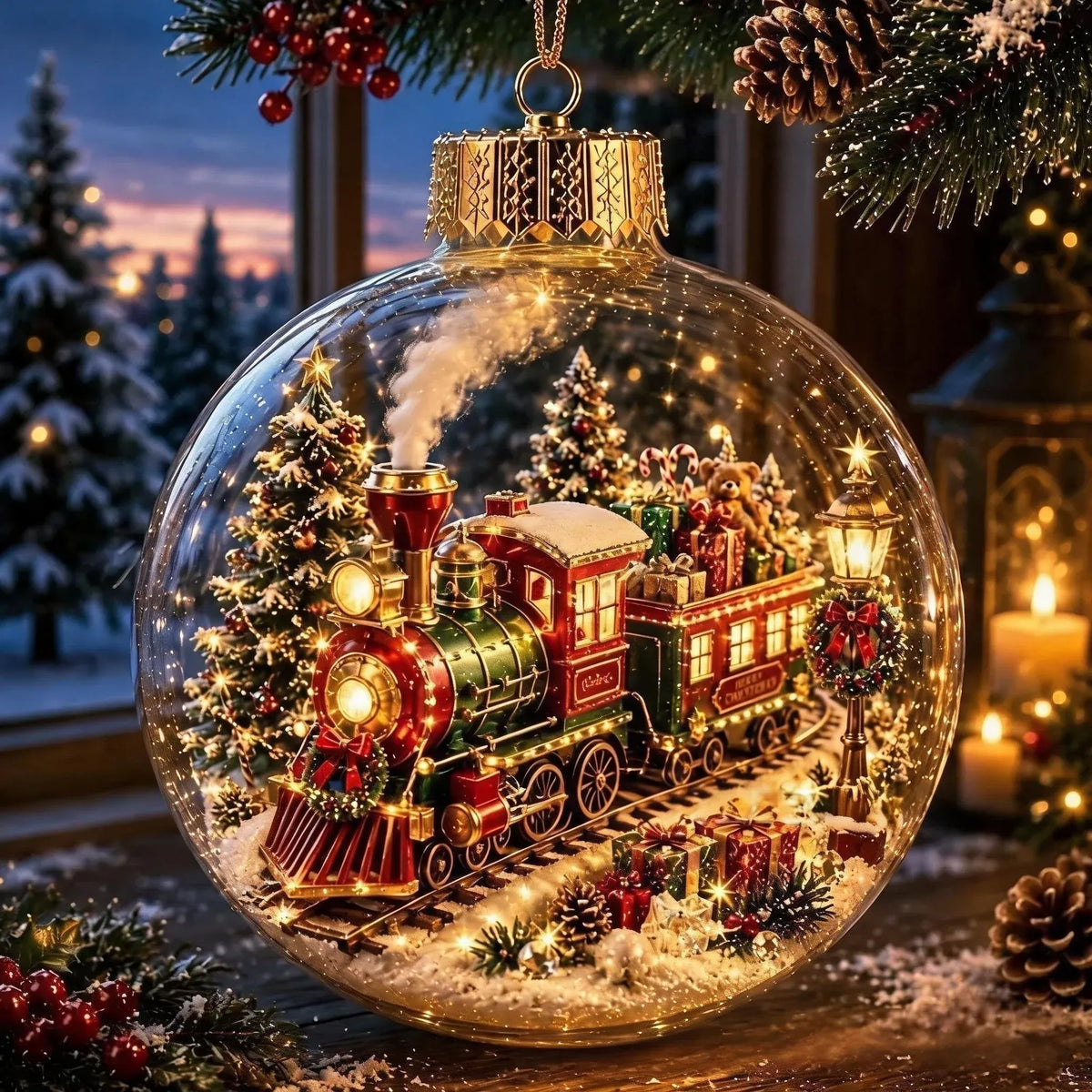The Christmas Express globe hanging from a branch, the train's headlamp and lit carriage windows glowing inside the acrylic