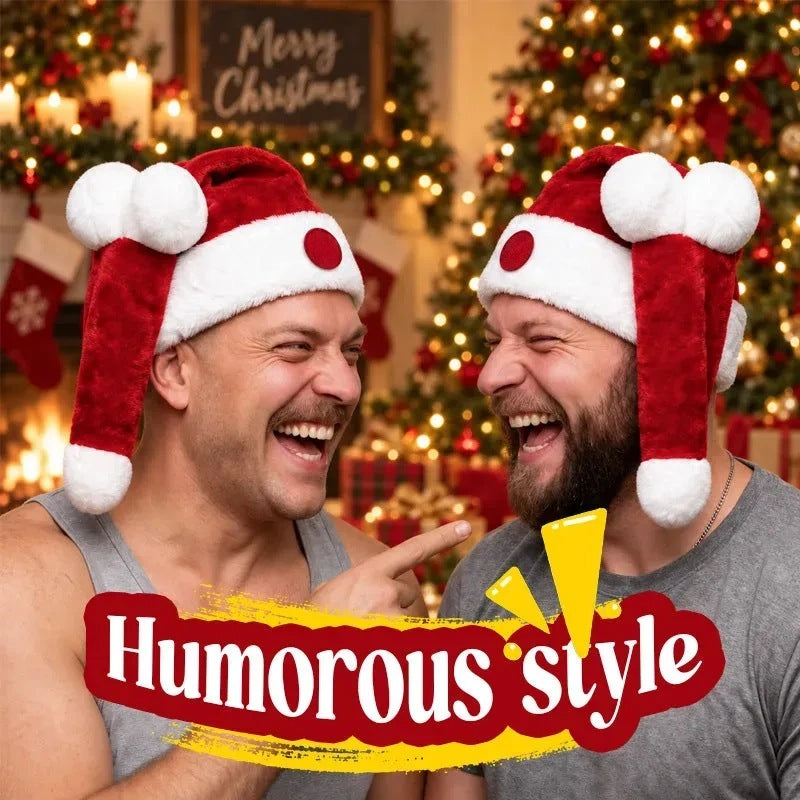 Two men in the hats in a warmly lit room, both laughing hard, one pointing at the other with a decorated Christmas tree behind them