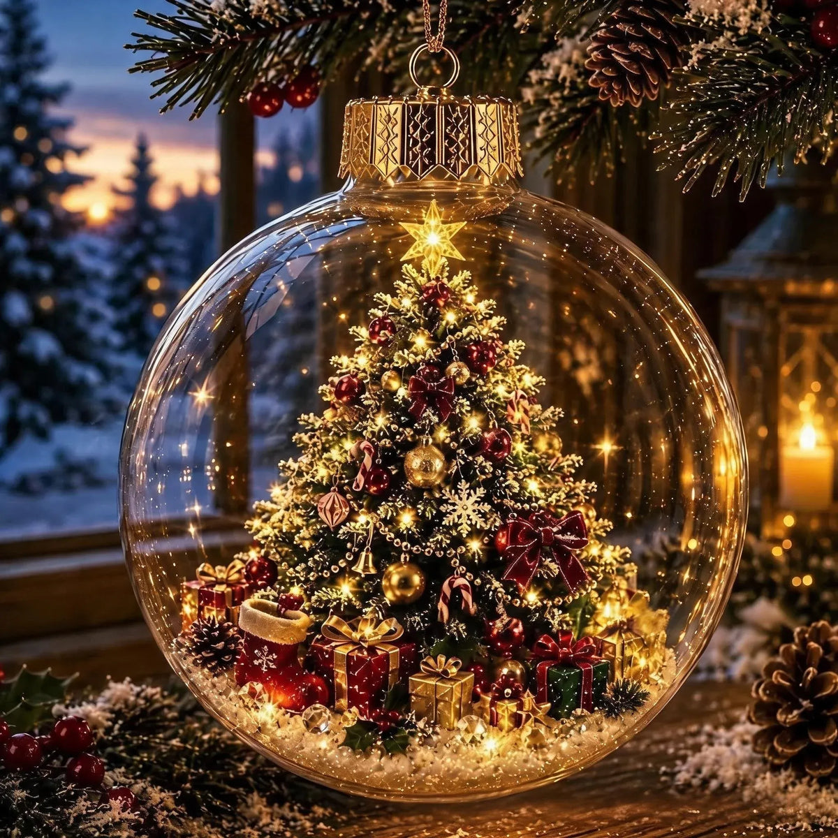 The Christmas Tree globe hanging from a branch with its warm light on, snow-dusted fir and a star on top inside the shell