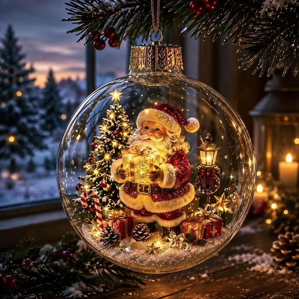 The Santa Claus globe hanging from a pine branch beside a snowy window, its warm light falling on the needles and the windowsill