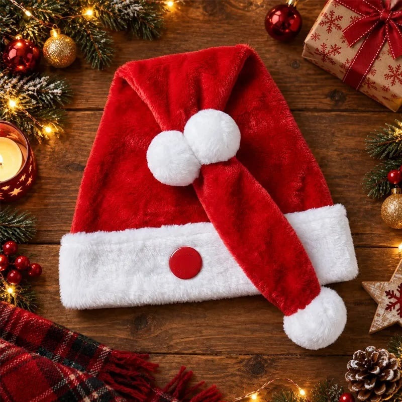 The red plush Santa hat laid flat on a dark wood table between pine branches, gold baubles and a wrapped gift, white fur brim at the front and both pom-poms on the crown