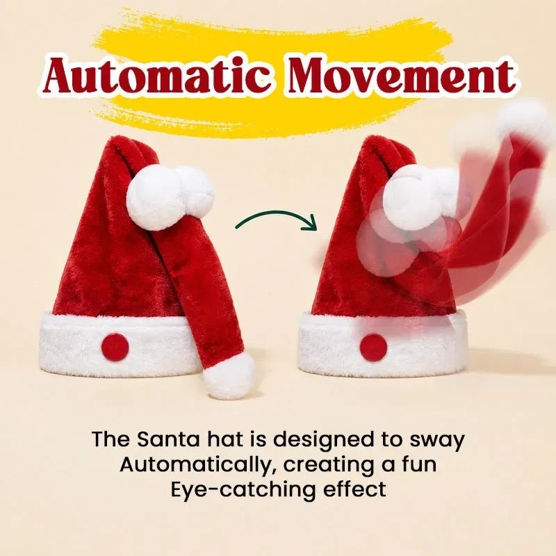 Two views of the same hat on a cream background: the tip hanging at rest on the left, swinging up and out with motion blur on the right, an arrow between them