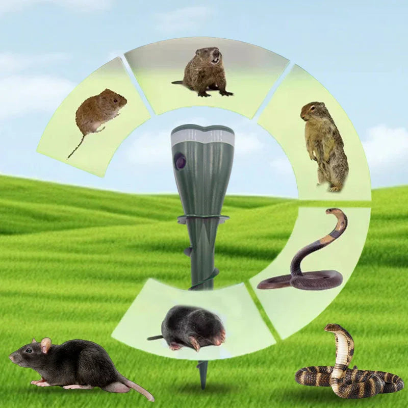 The repeller in a field surrounded by the six animals it clears: mole, vole, gopher, groundhog, squirrel and snake