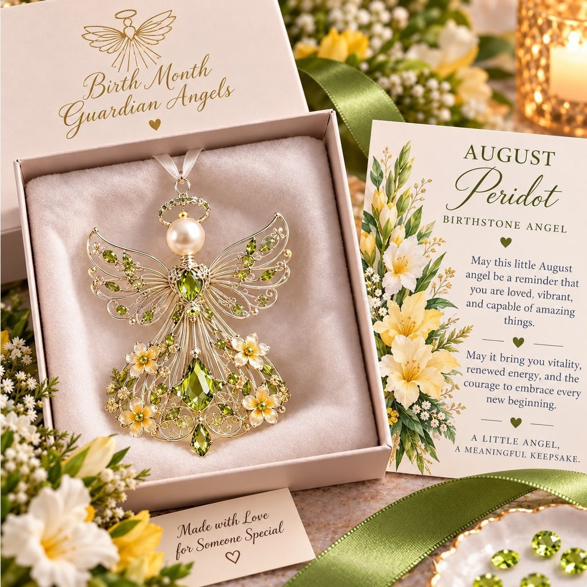 The August angel in peridot crystal resting in its open blush gift box beside the matching August card and a spray of yellow lilies
