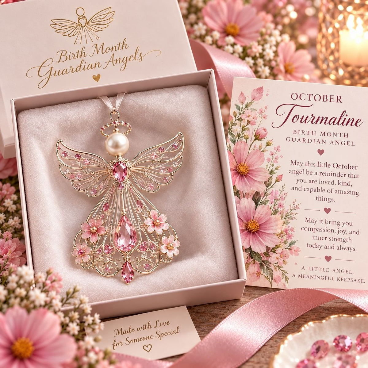 The October angel in tourmaline crystal resting in its open blush gift box beside the matching October card and a spray of pink cosmos
